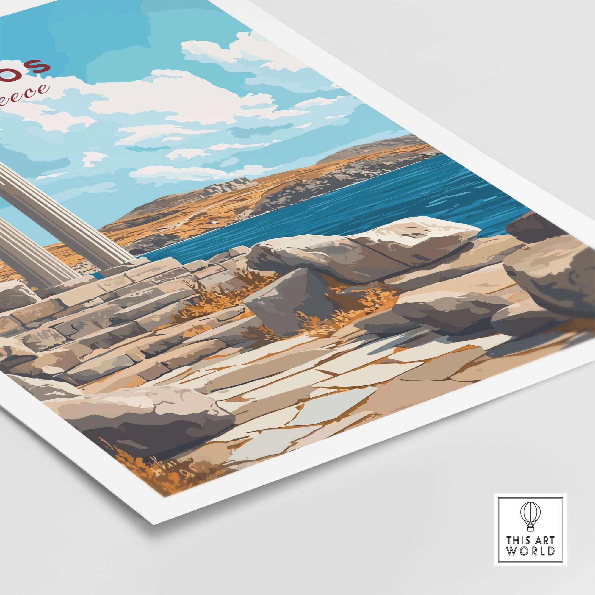 Delos Wall Art featuring a scenic view of Greece with ancient columns and vibrant colors, perfect for home decor.