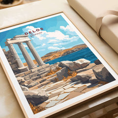 Delos Wall Art featuring a vibrant Greece travel poster with ruins and a scenic landscape, perfect for home decor.