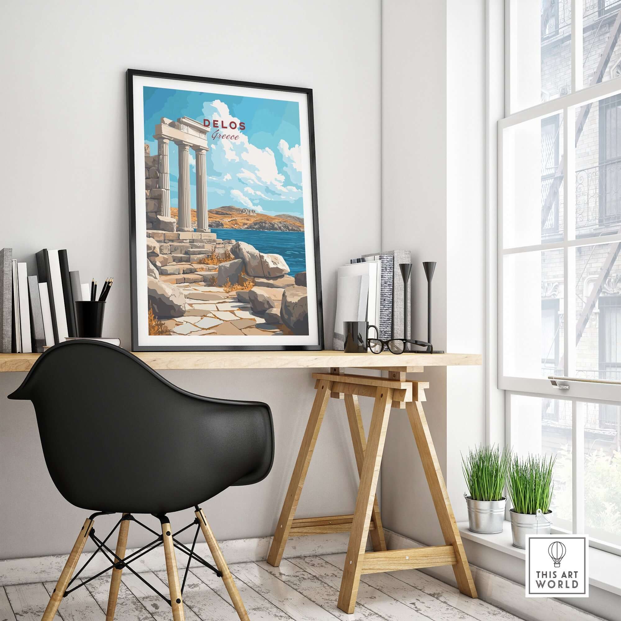 Delos Wall Art displayed in a stylish home office setting, showcasing vibrant colors and intricate design.