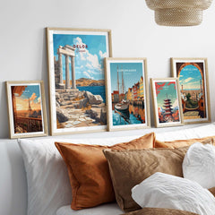 Delos Wall Art displayed in a cozy living room, featuring vibrant Greece travel posters and stylish frames.
