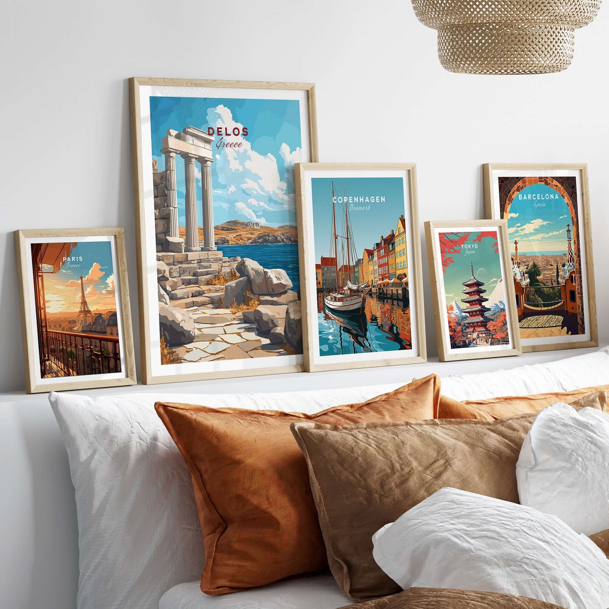 Delos Wall Art displayed in a cozy living room, featuring vibrant Greece travel posters and stylish frames.