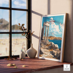 Delos Wall Art featuring a beautiful Greece travel poster, showcasing vibrant colors and intricate design in a home setting.