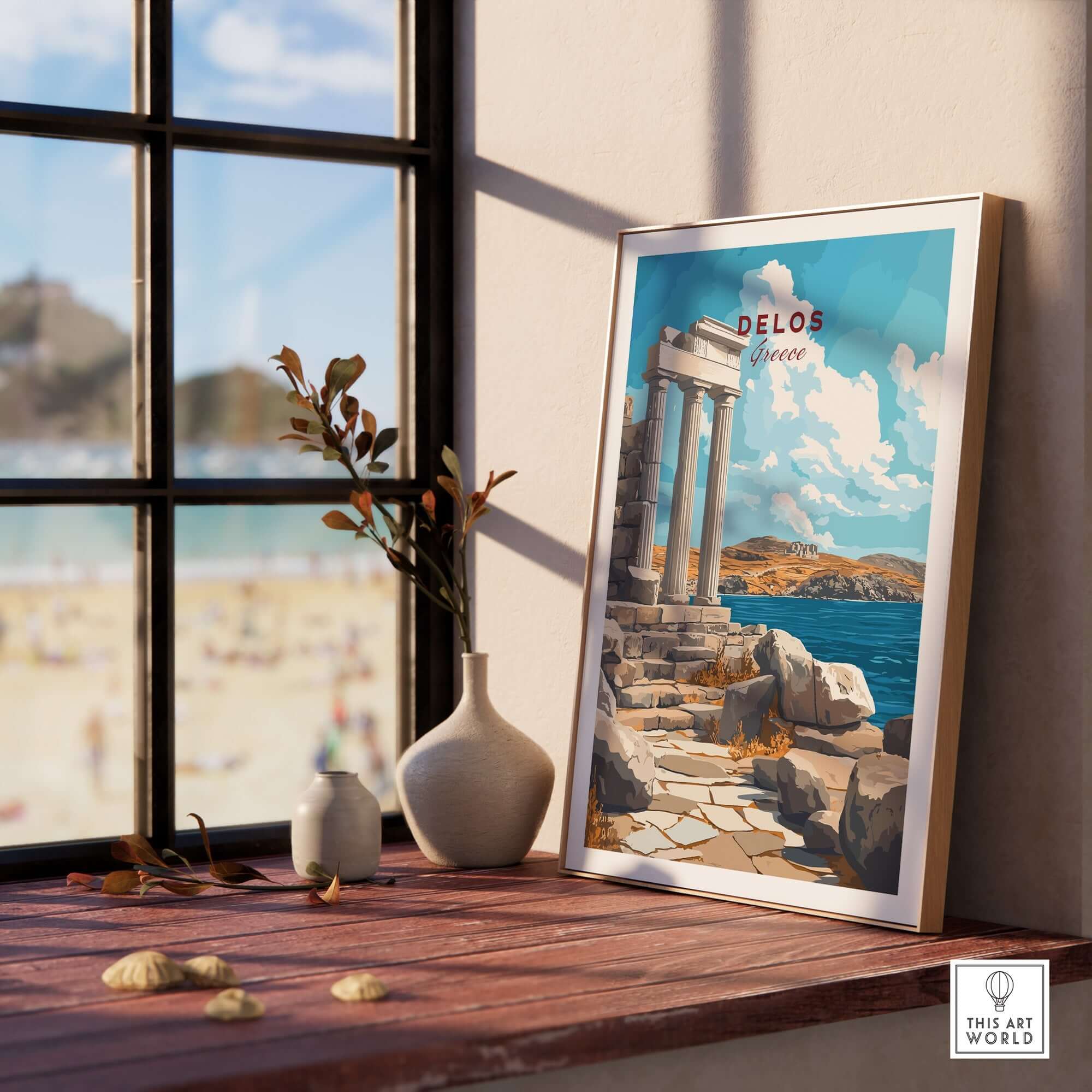 Delos Wall Art featuring a beautiful Greece travel poster, showcasing vibrant colors and intricate design in a home setting.