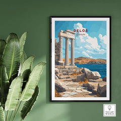 Delos Wall Art featuring an iconic view of Greece with ancient columns and vibrant colors, perfect for home decor.
