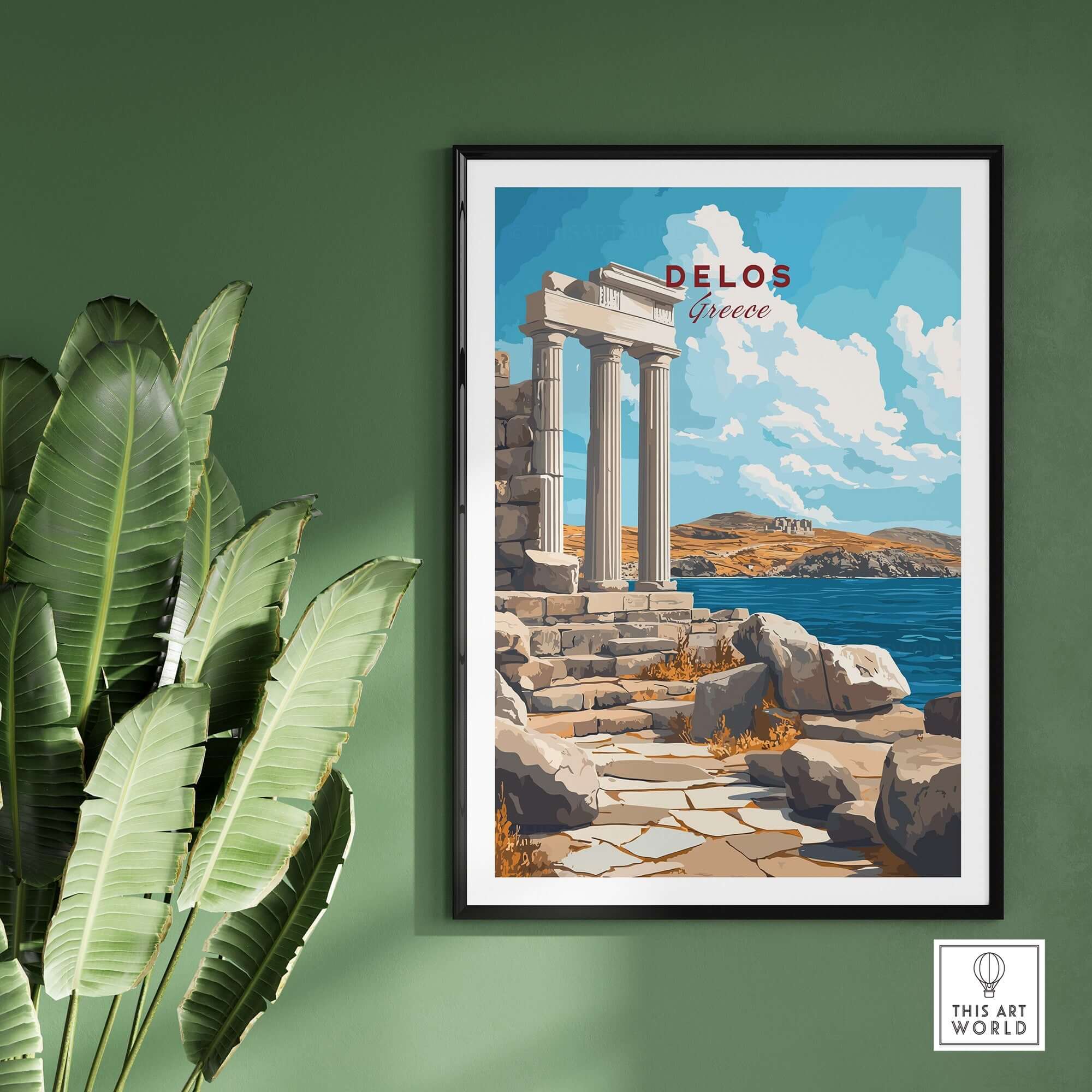 Delos Wall Art featuring an iconic view of Greece with ancient columns and vibrant colors, perfect for home decor.