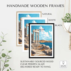 Delos Wall Art featuring handmade wooden frames in natural, white, and black options, ready to hang.