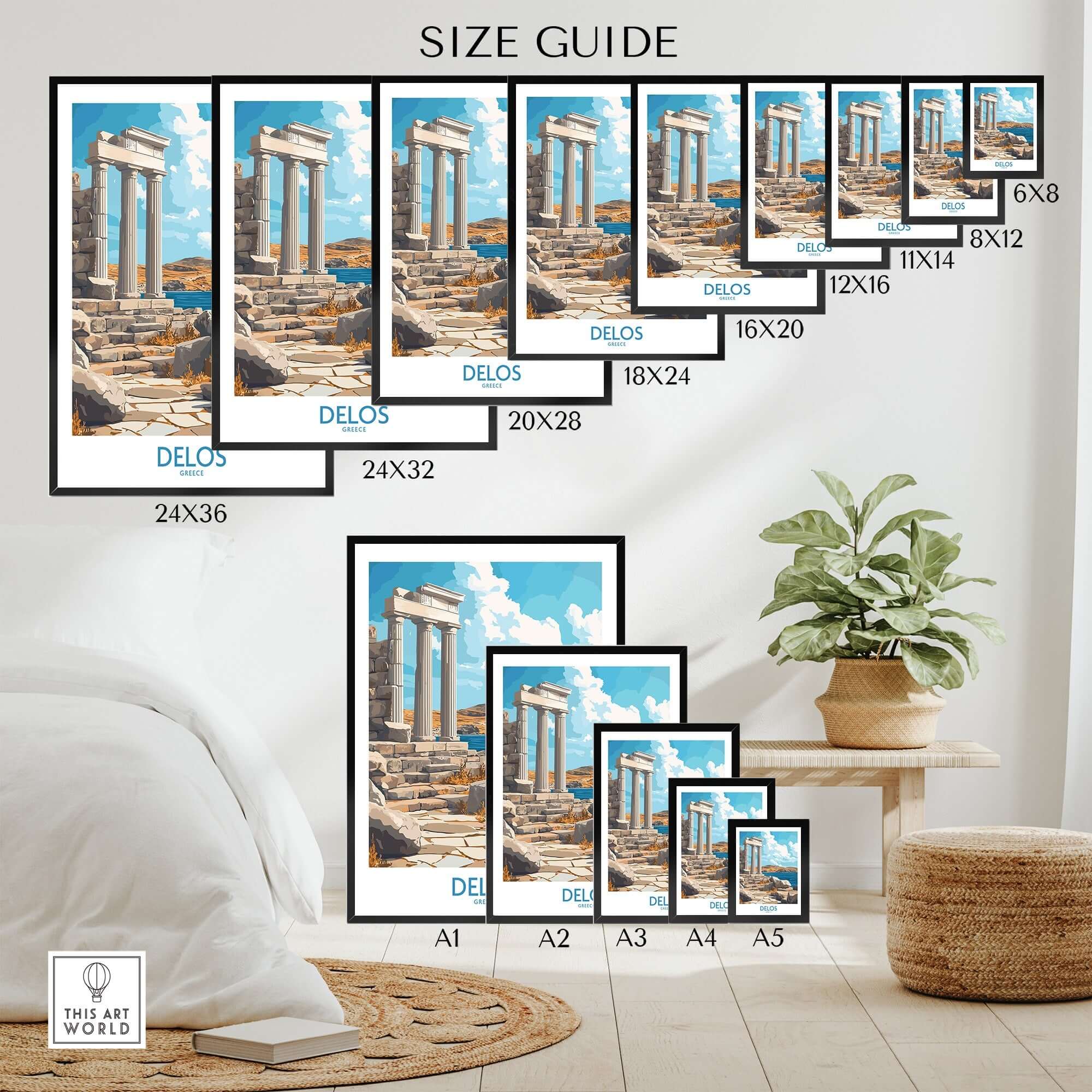 Delos Wall Art Print Greece size guide showcasing various print dimensions and options for home decor.