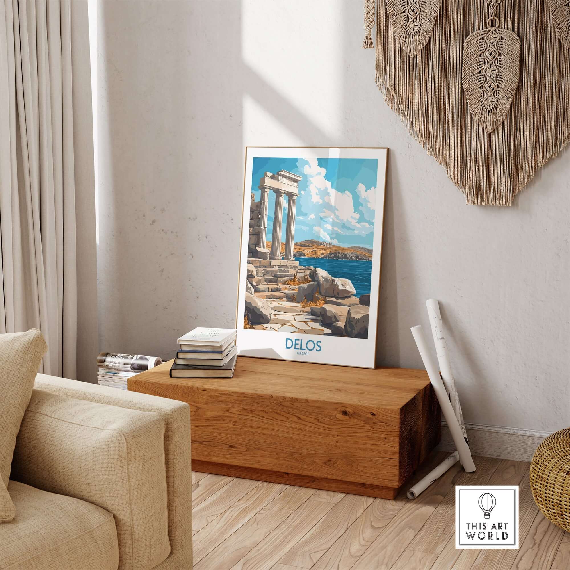 Delos Wall Art Print Greece displayed in a cozy living room setting, showcasing stunning architecture and landscape views.