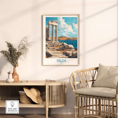 Delos Wall Art Print Greece showcasing scenic landscape and architecture of Delos island in a home setting.