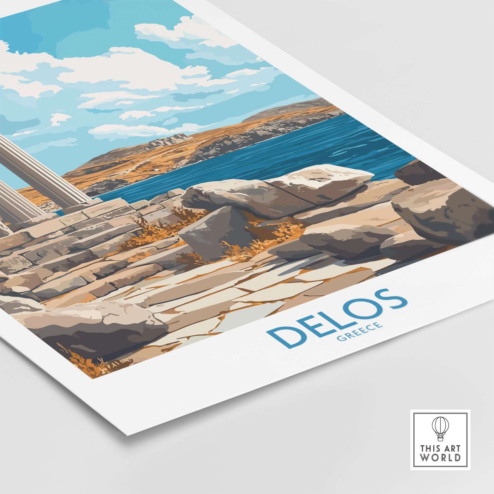 Delos Wall Art Print Greece showcasing pillars and landscape of Delos island with vibrant colors, perfect for home decor.