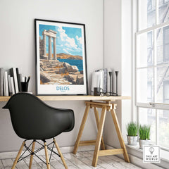 Delos Wall Art Print Greece displayed in a stylish home office setting with a modern chair and natural light.