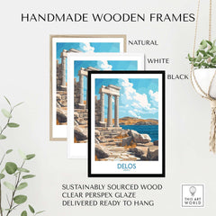 Delos Wall Art Print Greece showcased in handmade wooden frames, featuring natural, white, and black options.