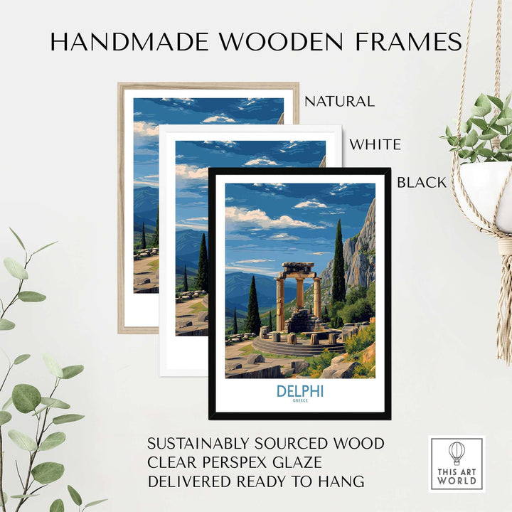 Delphi Greece Temple of Athena Art Print | Ancient Ruins Travel Poster with handmade wooden frames in natural, white, and black.