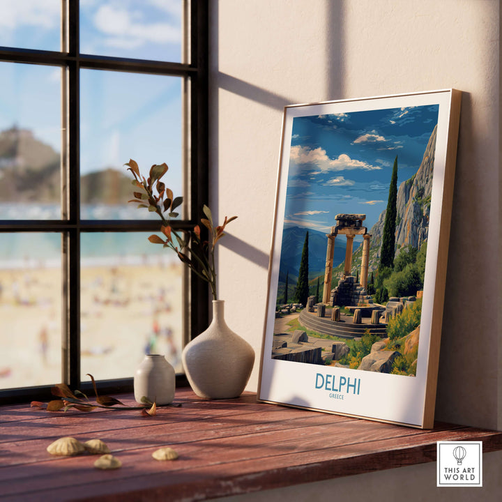 Delphi Greece Temple of Athena Art Print | Ancient Ruins Travel Poster featuring iconic ruins against a scenic backdrop.