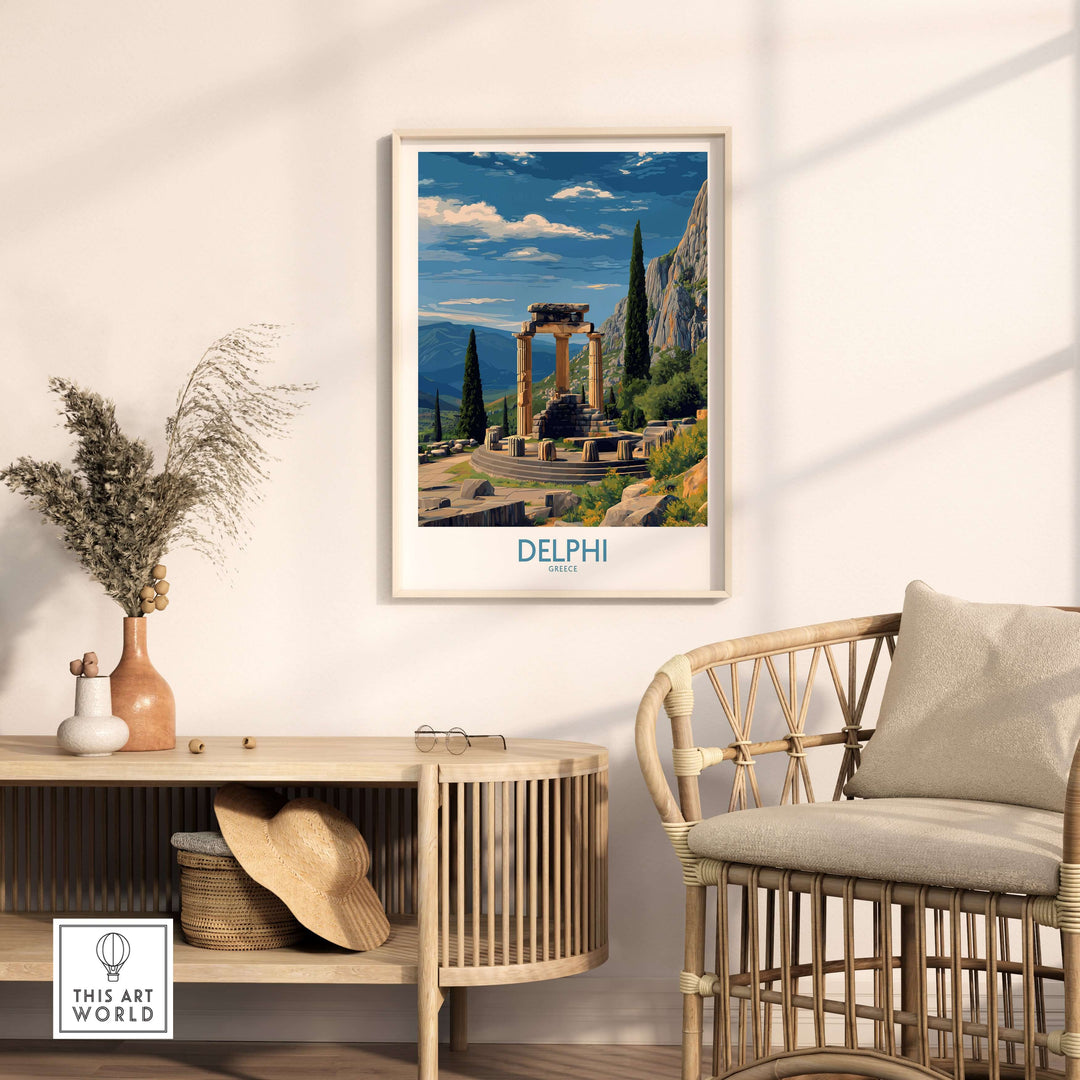 Delphi Greece Temple of Athena Art Print | Ancient Ruins Travel Poster displayed in a modern living room setting.