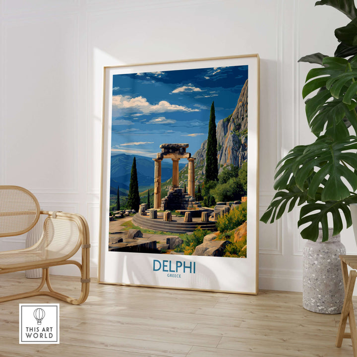 Delphi Greece Temple of Athena Art Print | Ancient Ruins Travel Poster displayed in a modern interior setting.