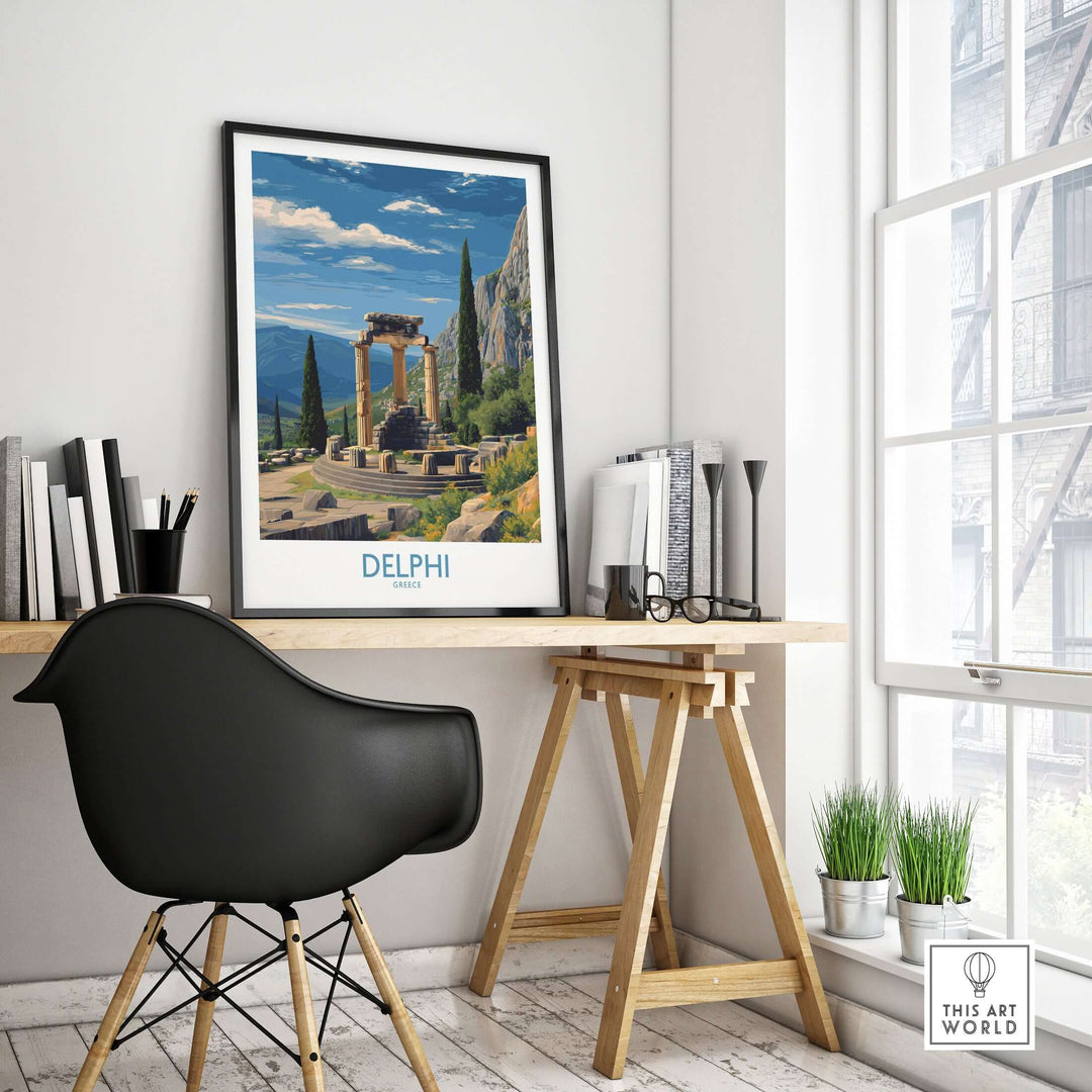 Delphi Greece Temple of Athena Art Print | Ancient Ruins Travel Poster displayed in a modern workspace.