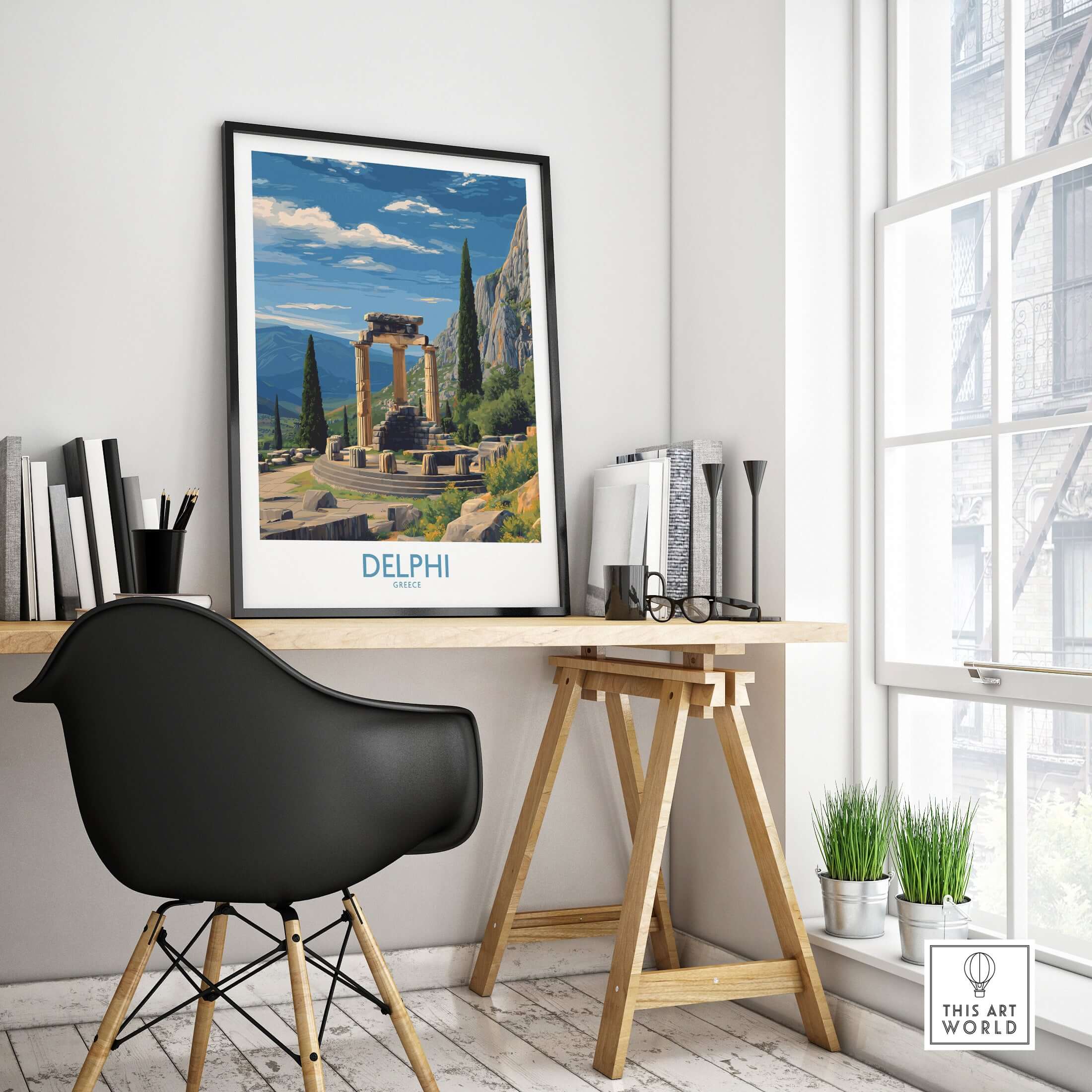 Delphi Greece Temple of Athena Art Print | Ancient Ruins Travel Poster displayed in a modern office setting.