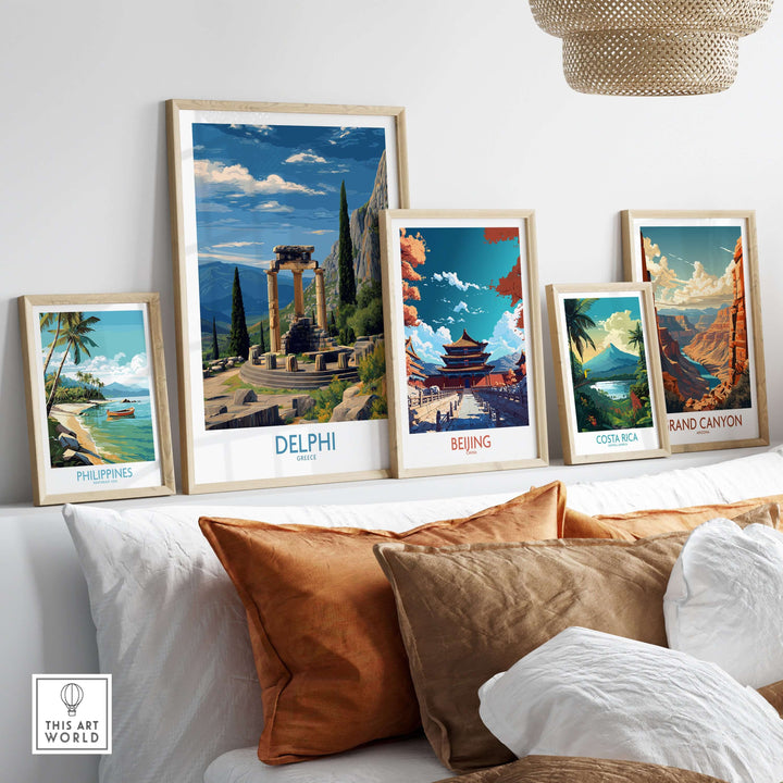 Delphi Greece Temple of Athena Art Print | Ancient Ruins Travel Poster displayed among other travel posters.