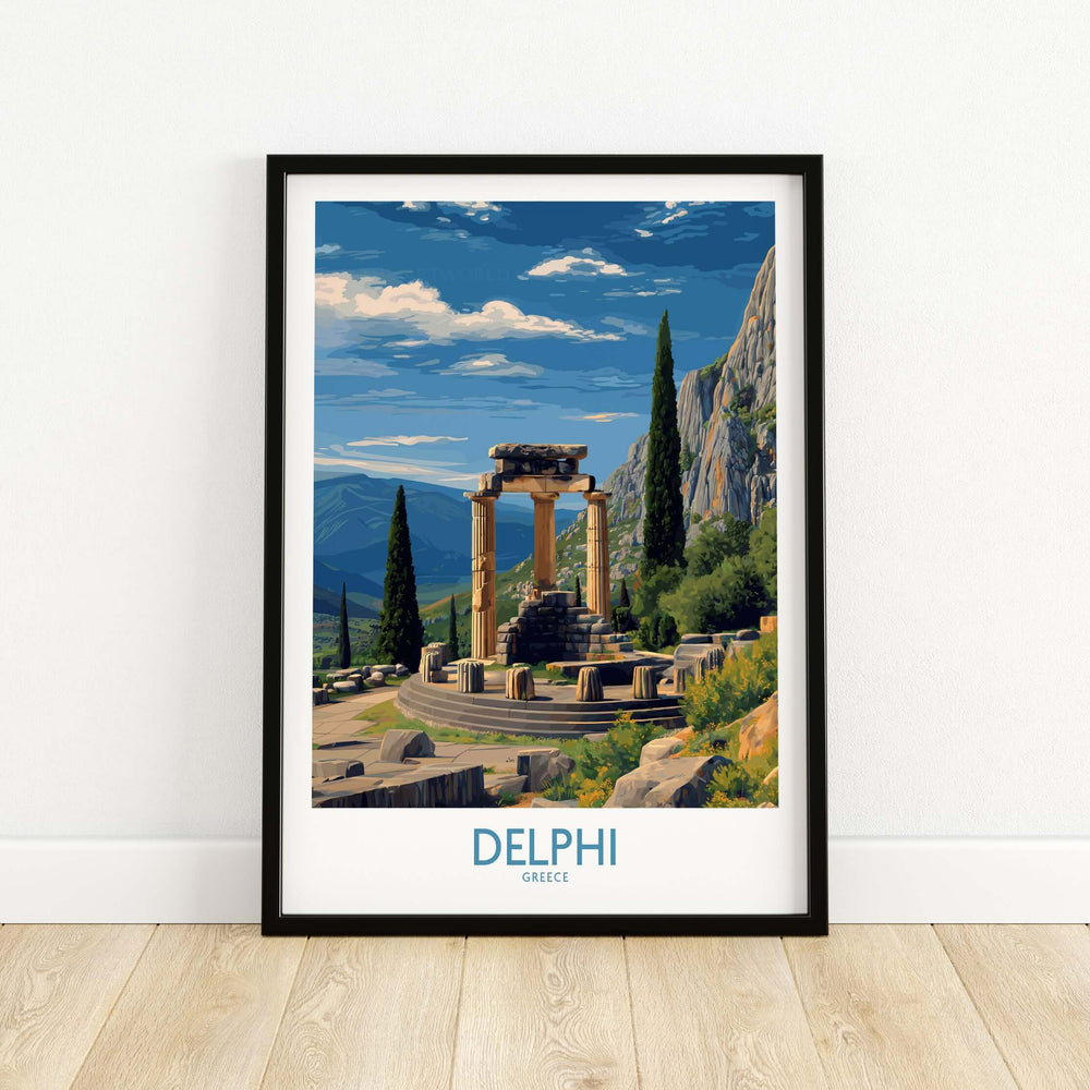 Delphi Greece Temple of Athena Art Print | Ancient Ruins Travel Poster showcasing iconic ancient ruins in a picturesque landscape.