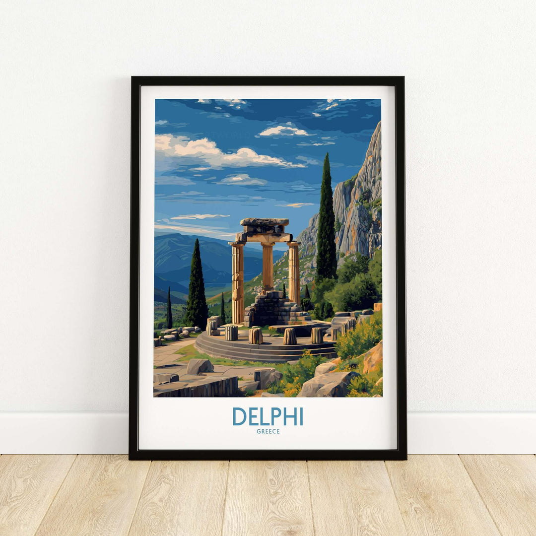 Delphi Greece Temple of Athena Art Print | Ancient Ruins Travel Poster showcasing iconic ancient ruins in a picturesque landscape.