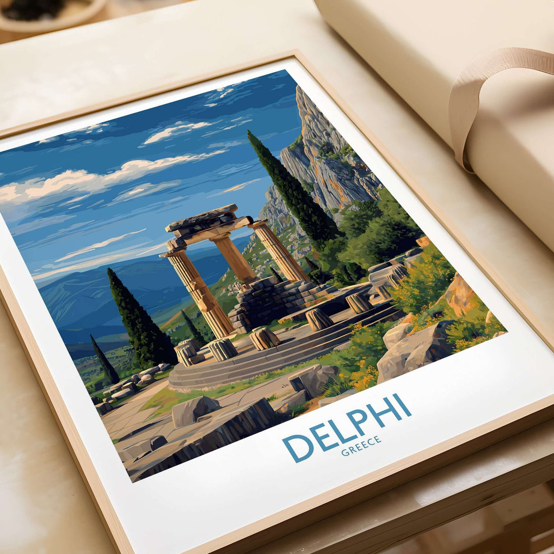 Delphi Greece Temple of Athena Art Print | Ancient Ruins Travel Poster showcasing iconic ruins and landscape.