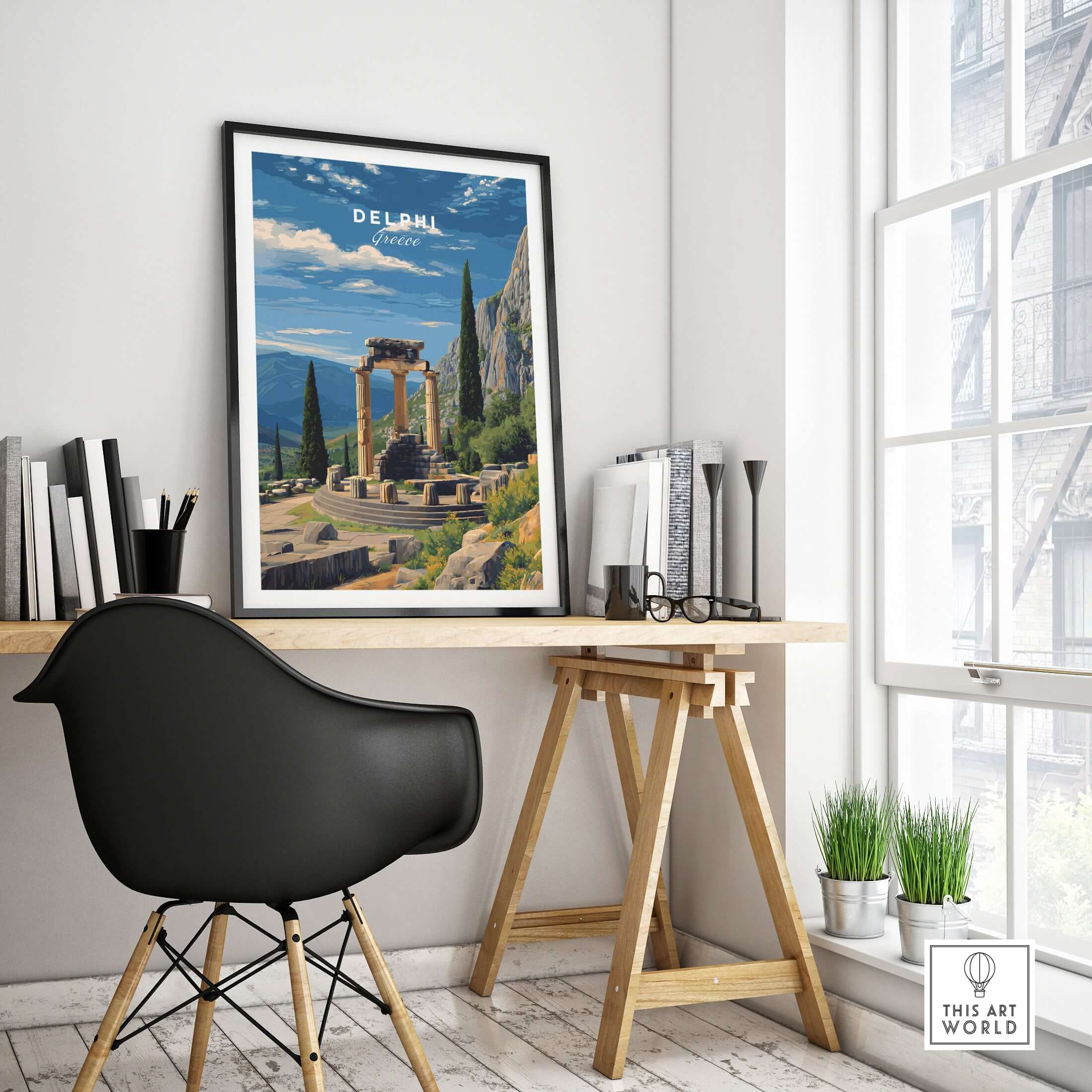 Delphi Print | Historic Greek Wall Decor showcased in a modern office setting with a stylish black chair.