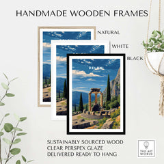 Delphi Print | Historic Greek Wall Decor showcased in handmade wooden frames in natural, white, and black colors.