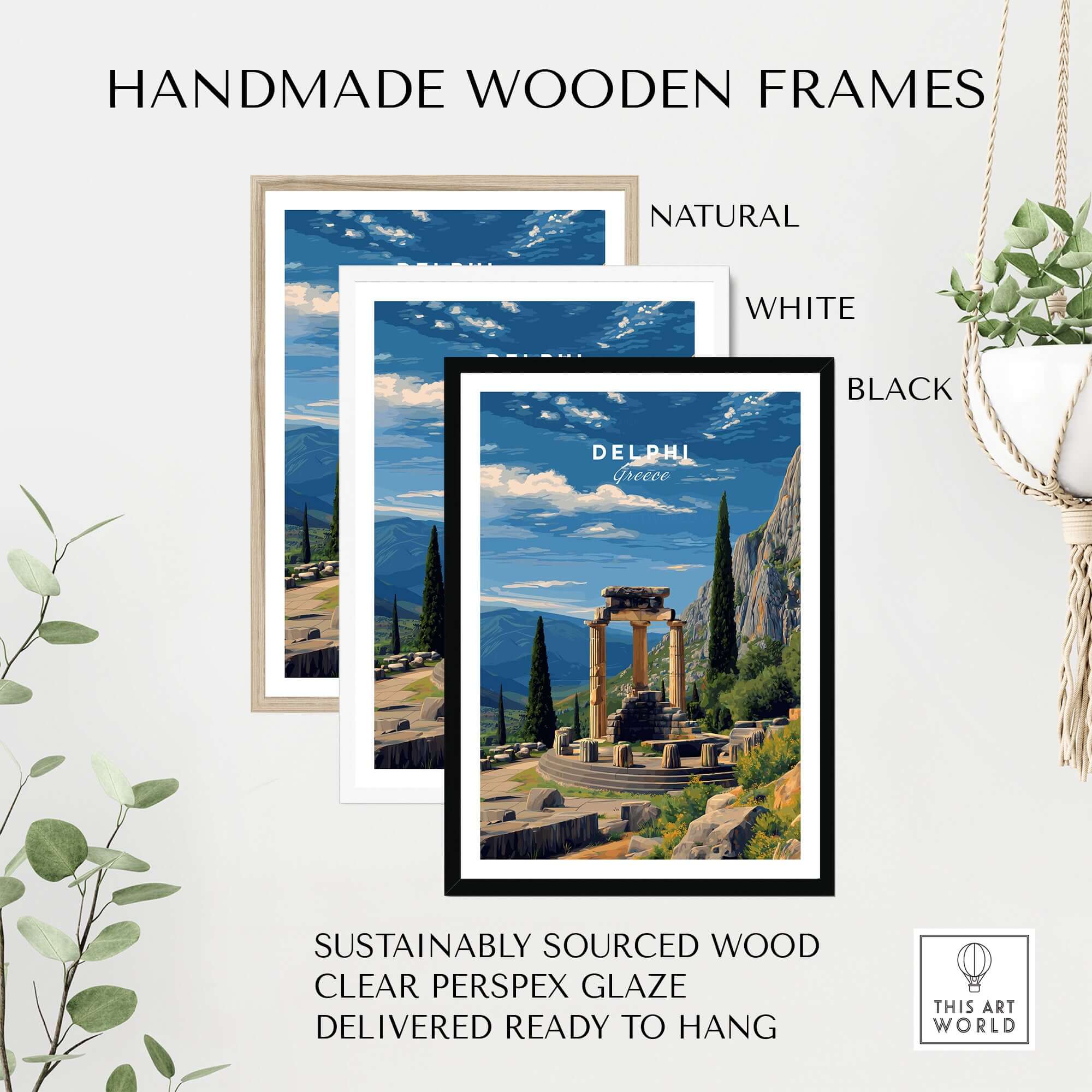 Delphi Print | Historic Greek Wall Decor showcased in handmade wooden frames in natural, white, and black colors.