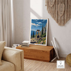 Delphi Print | Historic Greek Wall Decor showcasing ancient ruins framed on a wooden surface in a stylish interior setting.