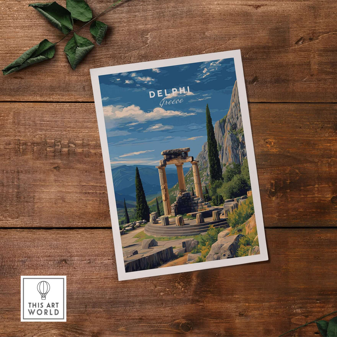 Delphi Print | Historic Greek Wall Decor showcasing Delphi's ruins and landscape on a rustic wooden background.