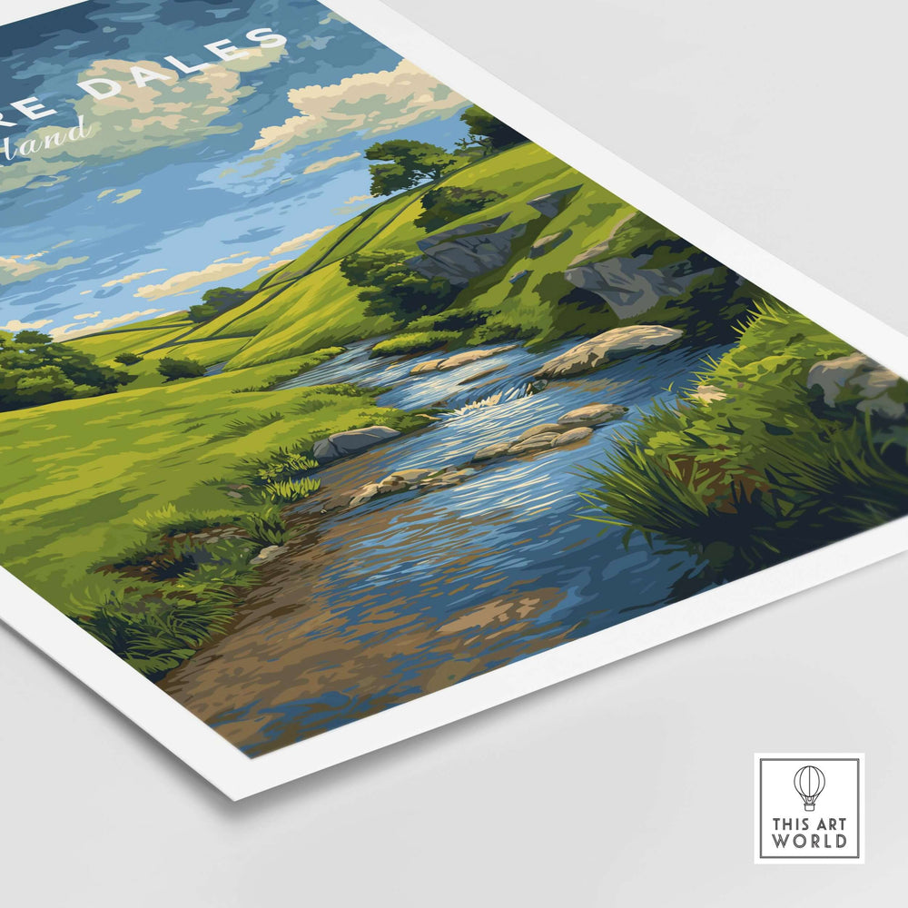 Derbyshire countryside print featuring green hills and a winding river, perfect wall art for nature lovers.