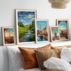Derbyshire Countryside Print - England Green Hills Wall Art - River & Fields Travel Poster framed in a stylish living room setting