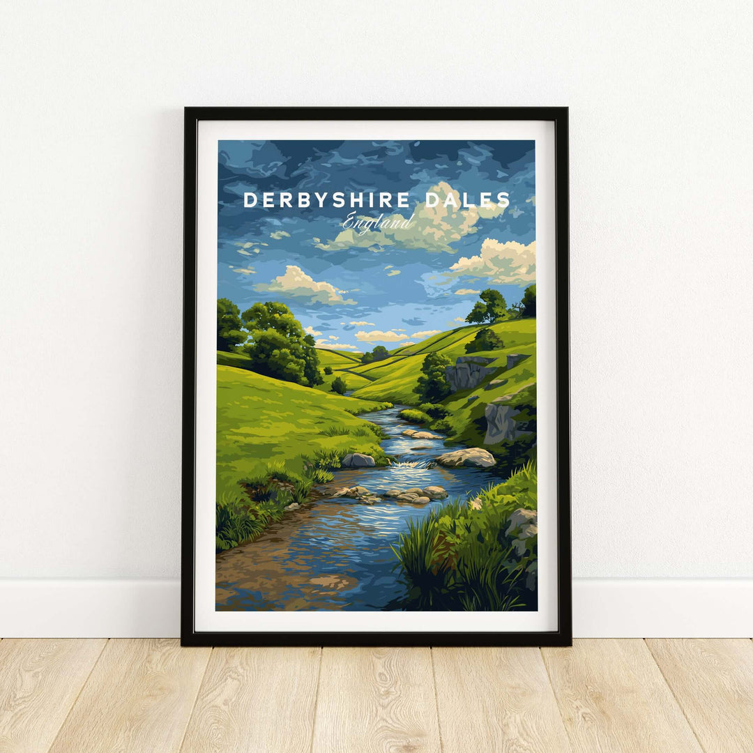 Derbyshire Dales print featuring green hills, a river, and blue skies, perfect wall art for nature lovers.