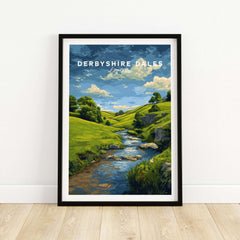 Derbyshire Countryside Print - England Green Hills Wall Art - River & Fields Travel Poster
