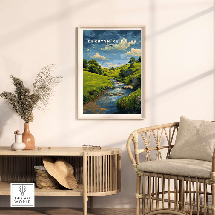 Derbyshire Dales wall art featuring a tranquil river and green hills, perfect for nature lovers and home decor.