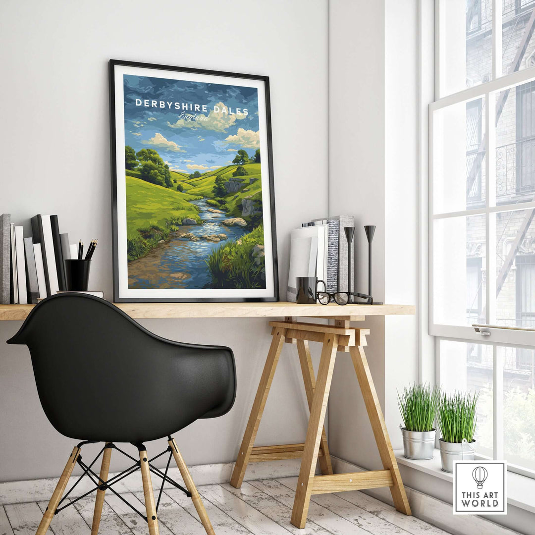 Derbyshire countryside print framed on a wall, showing green hills and a river in a modern decor workspace.
