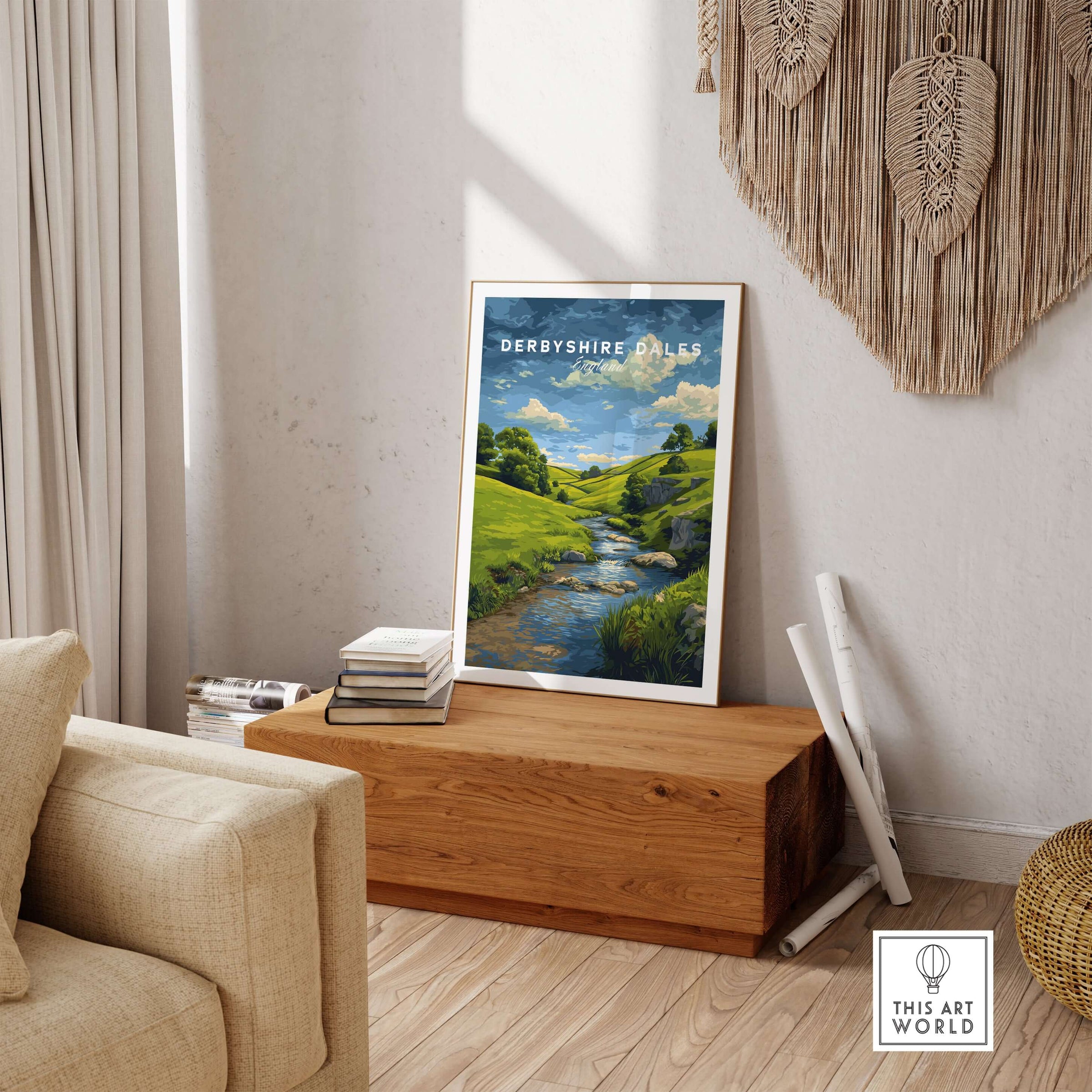 Derbyshire Countryside Print - England Green Hills Wall Art - River & Fields Travel Poster on display in a cozy living room.