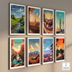Derbyshire Countryside Print - England Green Hills Wall Art - River & Fields Travel Poster displayed among various city travel posters.