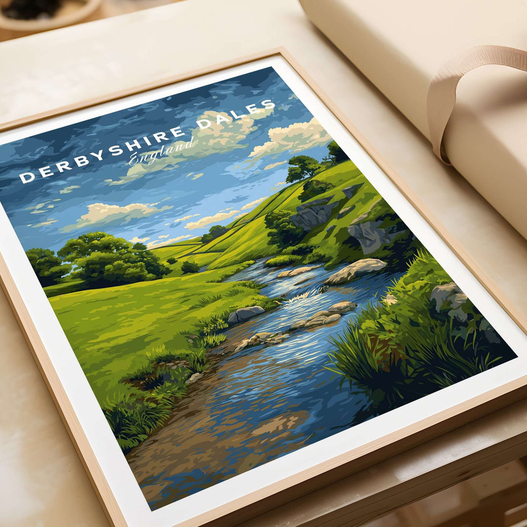 Derbyshire Dales print featuring green hills and a winding river, perfect wall art for nature lovers.