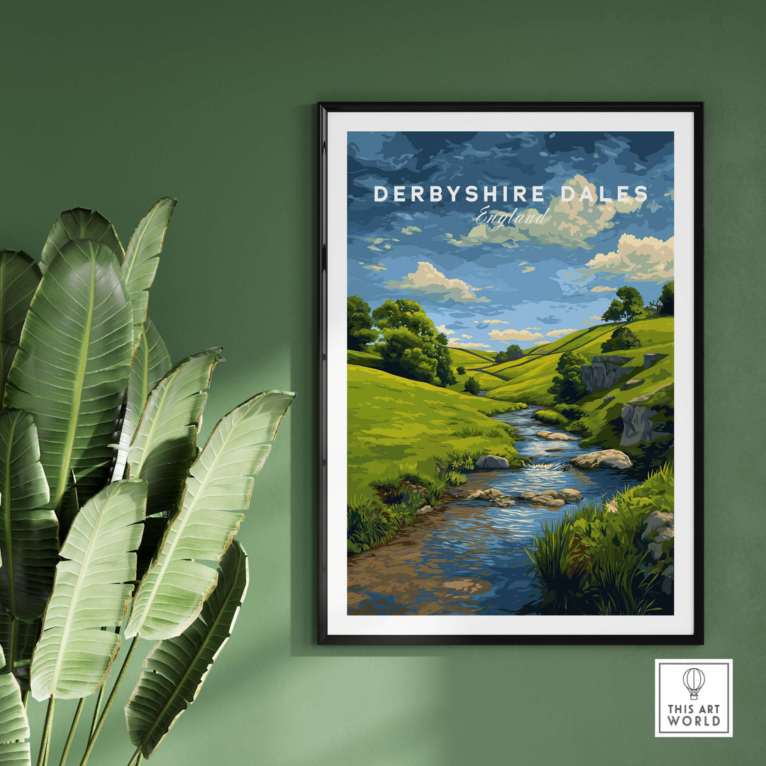 Derbyshire Countryside Print featuring green hills, a winding river, and a scenic sky, perfect wall art for nature lovers.