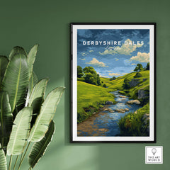 Derbyshire Countryside Print - England Green Hills Wall Art - River & Fields Travel Poster on a green wall