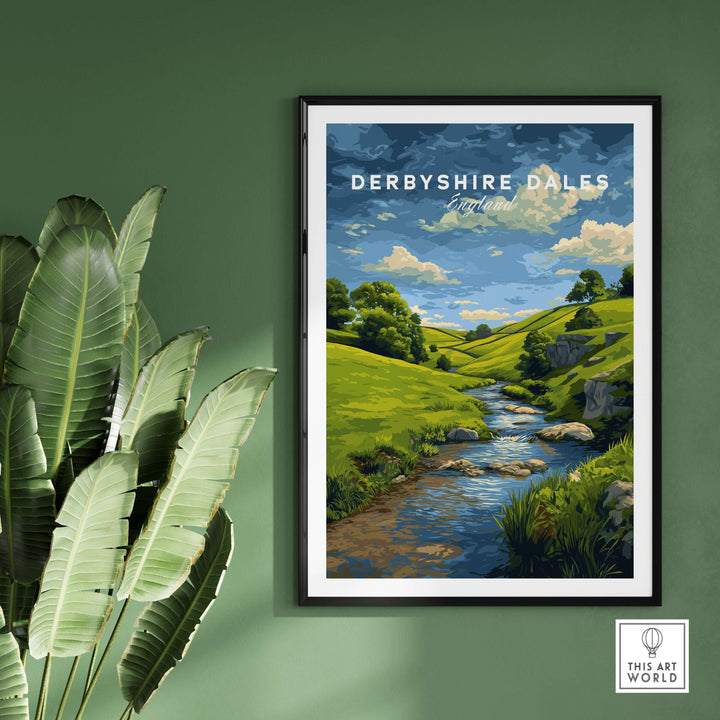 Derbyshire Countryside Print featuring green hills, a winding river, and a scenic sky, perfect wall art for nature lovers.