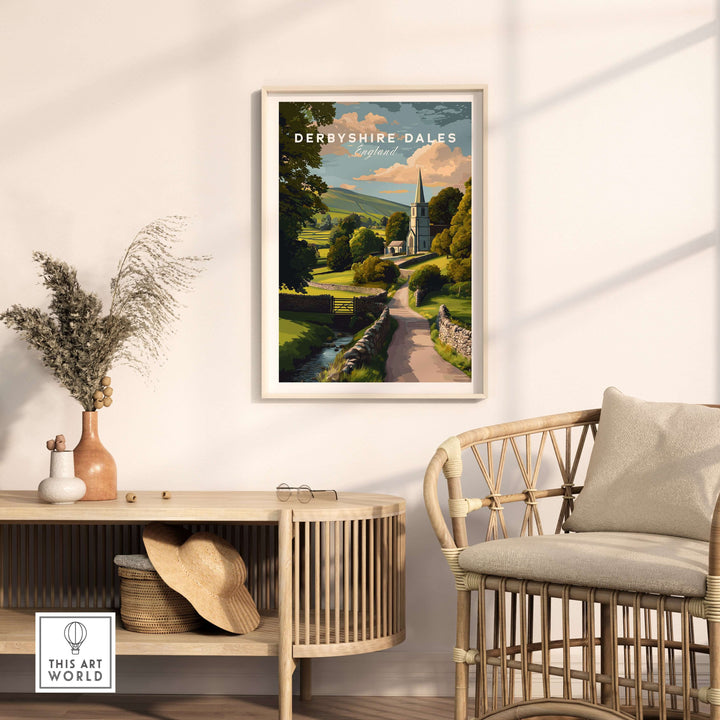 Derbyshire Dales art print showcasing an English village church against scenic Peak District backdrop.