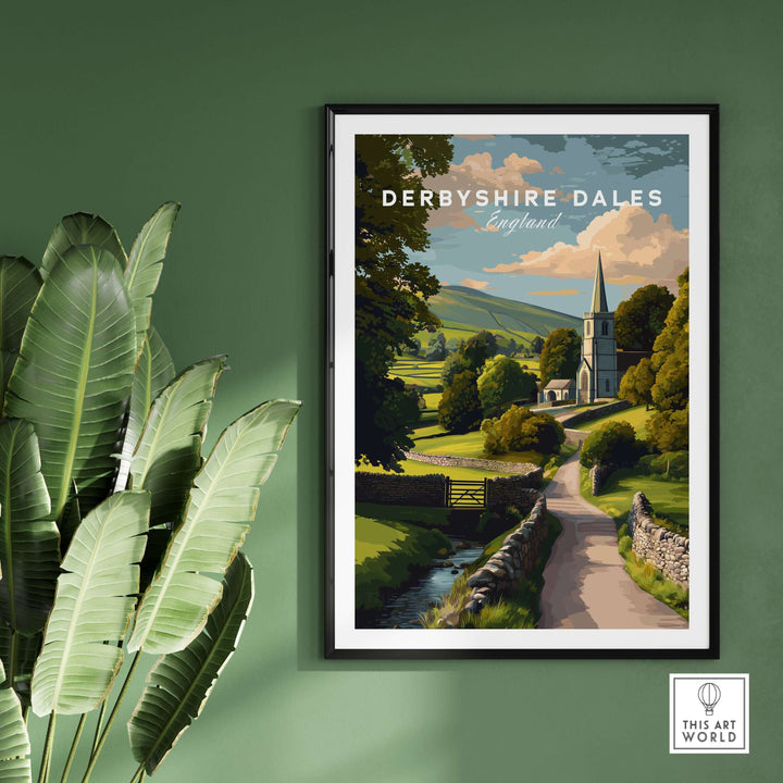Derbyshire Dales art print featuring an English village church and scenic countryside, perfect for wall decor.