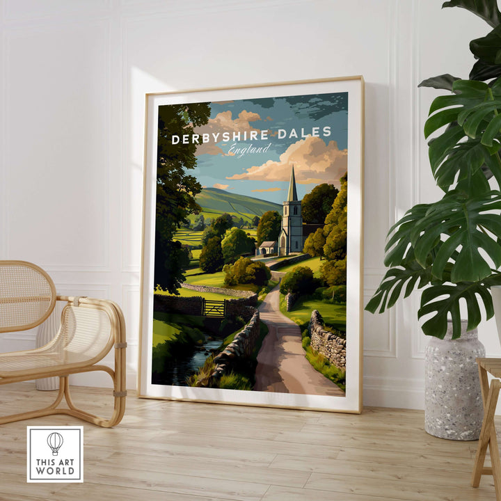 Derbyshire Dales wall art print featuring a rural church and scenic Peak District landscape in England.