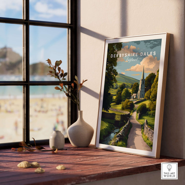 Framed Derbyshire Dales art print showcasing a rural church and English village, set against Peak District scenery.