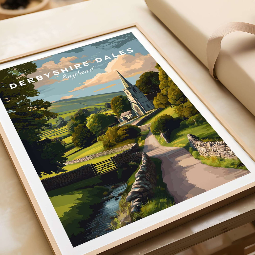Derbyshire Dales art print showcasing a rural church and scenic landscape of the Peak District, framed and ready for display.