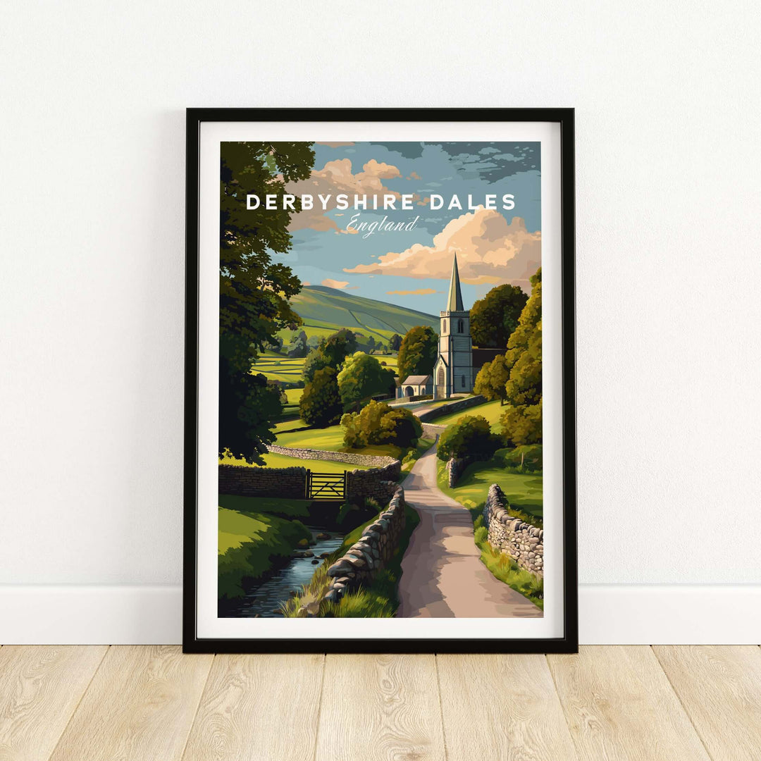 Derbyshire Dales Art Print featuring a rural church and scenic countryside landscape in England.