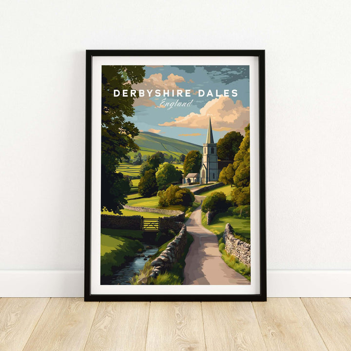Derbyshire Dales Art Print featuring a rural church and scenic countryside landscape in England.